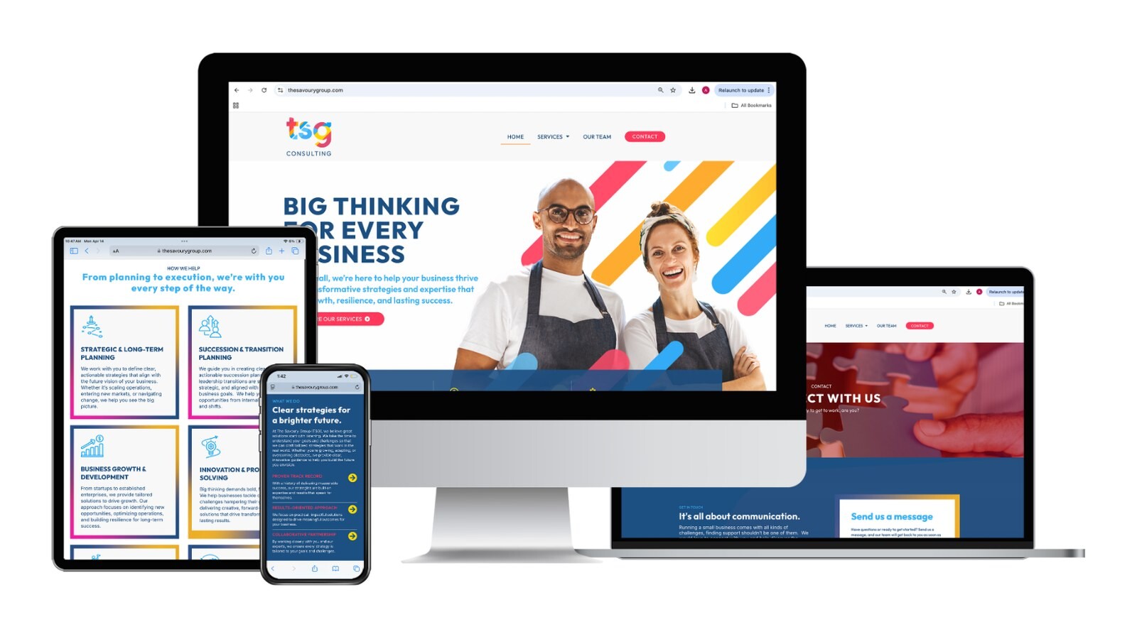The Savoury Group website on desktop, laptop, tablet, and phone