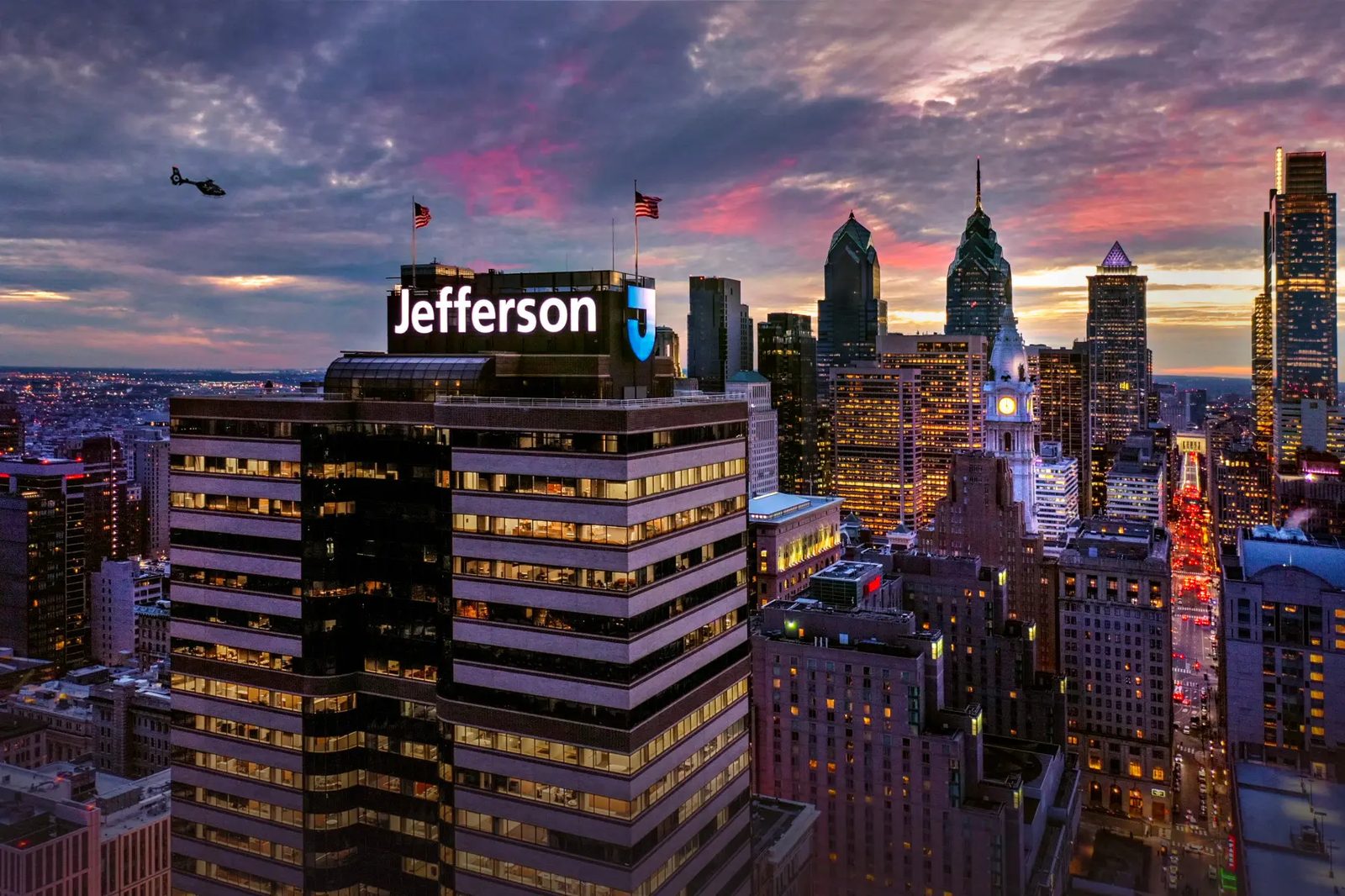 Jefferson headquarters in the Philadelphia skyline at dusk